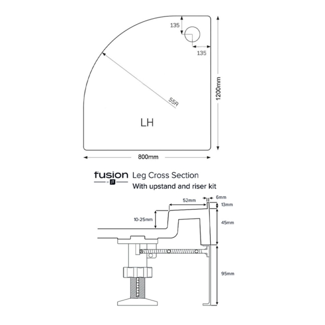 Just Trays JT Fusion Offset Quadrant Shower Tray with Waste 1200mm x 800mm Left Handed Flat Top  | Dimension Image