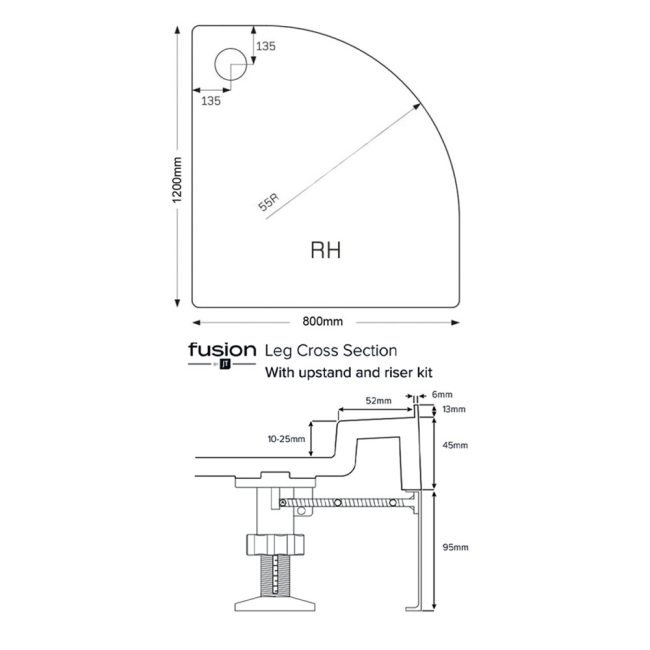 Just Trays JT Fusion Offset Quadrant Shower Tray with Waste 1200mm x 800mm Right Handed Flat Top  | Dimension Image