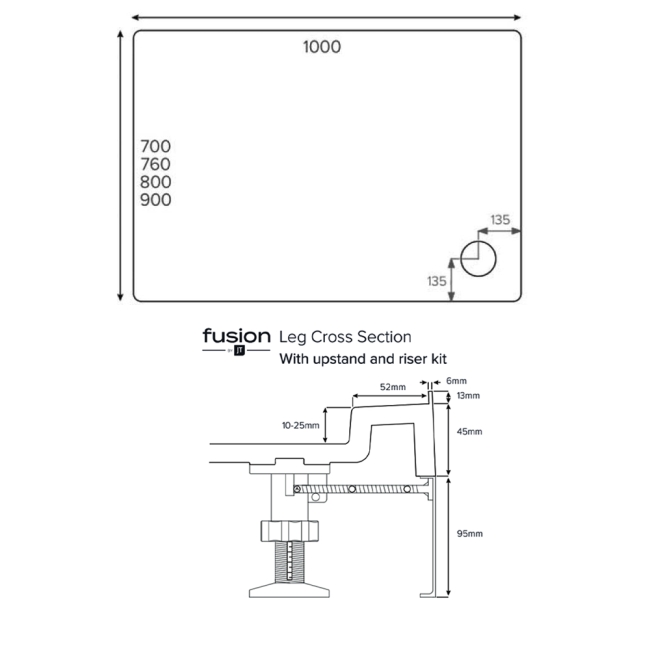 Just Trays JT Fusion Rectangular Anti-Slip Shower Tray with Waste 1000mm x 760mm Flat Top  | Dimension Image