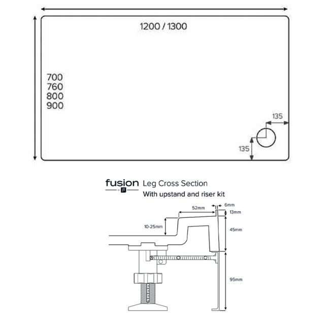 Just Trays JT Fusion Rectangular Shower Tray with Waste 1200mm x 800mm Flat Top  | Dimension Image