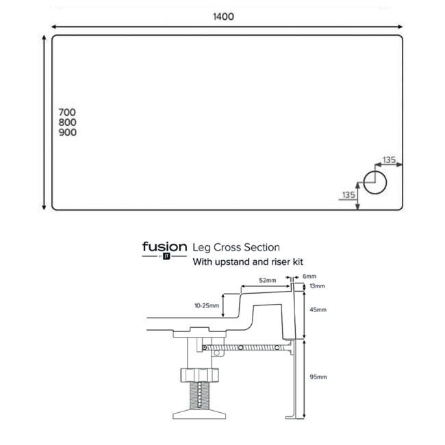 Just Trays JT Fusion Rectangular Anti-Slip Shower Tray with Waste 1400mm x 800mm 4 Upstand  | Dimension Image