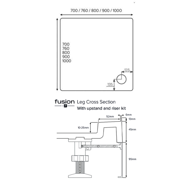 Just Trays JT Fusion Square Shower Tray with Waste 900mm x 900mm Flat Top  | Dimension Image