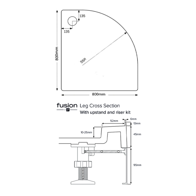 Just Trays JT Fusion Quadrant Shower Tray with Waste 800mm x 800mm Flat Top  | Dimension Image
