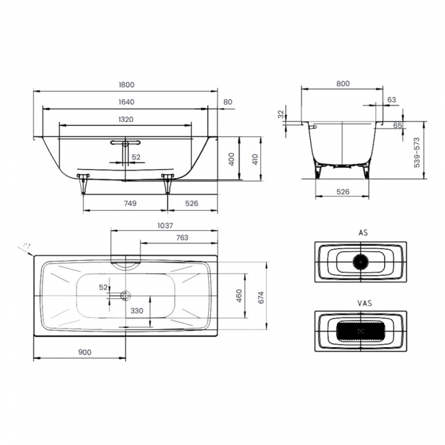 Kaldewei Cayono Duo Steel Enamel Bath 1800mm x 800mm 0TH (inc Leg Set)