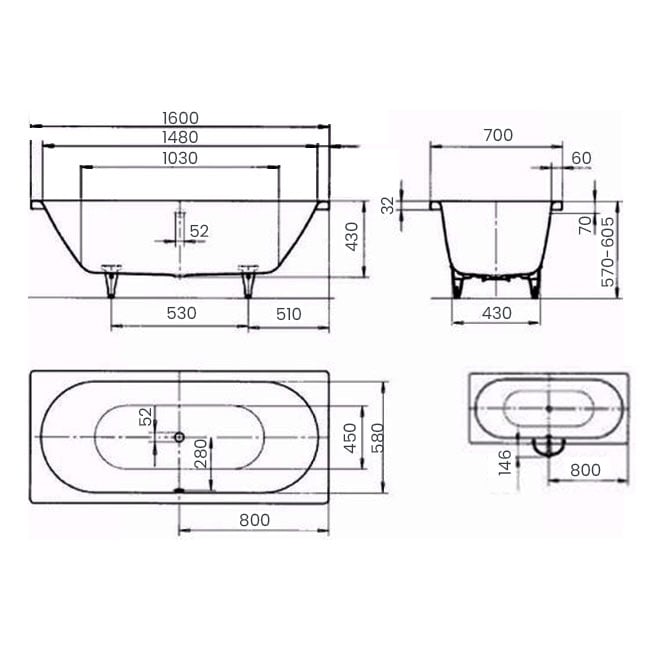 Kaldewei Classic Duo Steel Enamel Bath 1600mm x 700mm 0TH (inc Leg Set)