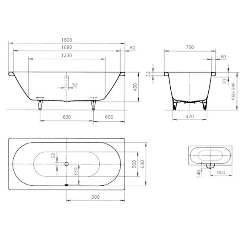 Kaldewei Classic Duo Rectangular Steel Bath 1800mm x 750mm 0 Tap Hole