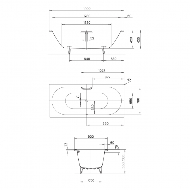 Kaldewei Classic Duo Steel Enamel Bath 1900mm x 900mm 0TH (inc Leg Set)  | Dimension Image