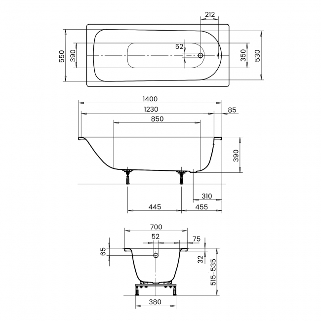Kaldewei Eurowa Steel Enamel Bath 1400mm x 700mm 2TH (inc Leg Set)