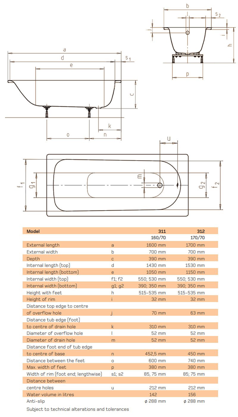 Kaldewei Eurowa Rectangular Steel Bath 1700mm x 700mm - 2 Tap Hole