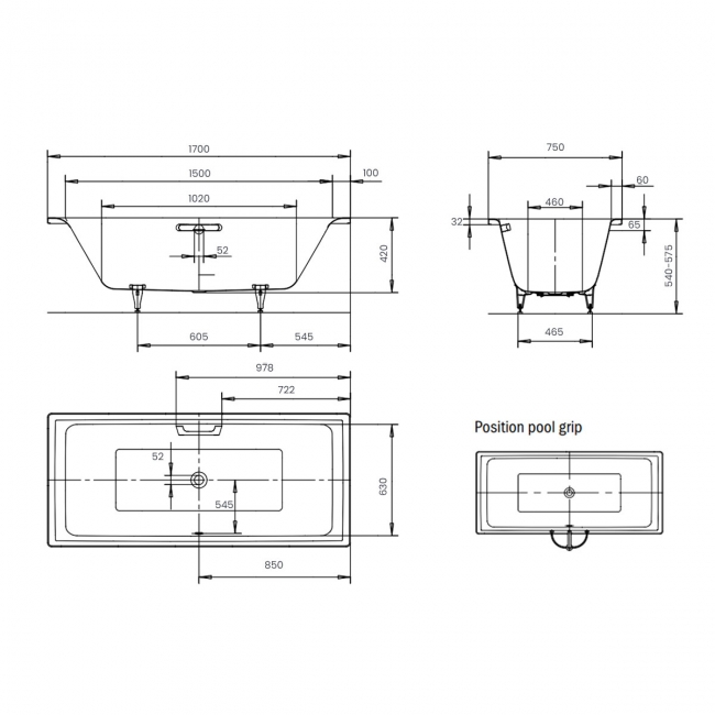 Kaldewei Puro Duo Steel Enamel Bath 1700mm x 750mm 0TH (inc Leg Set)