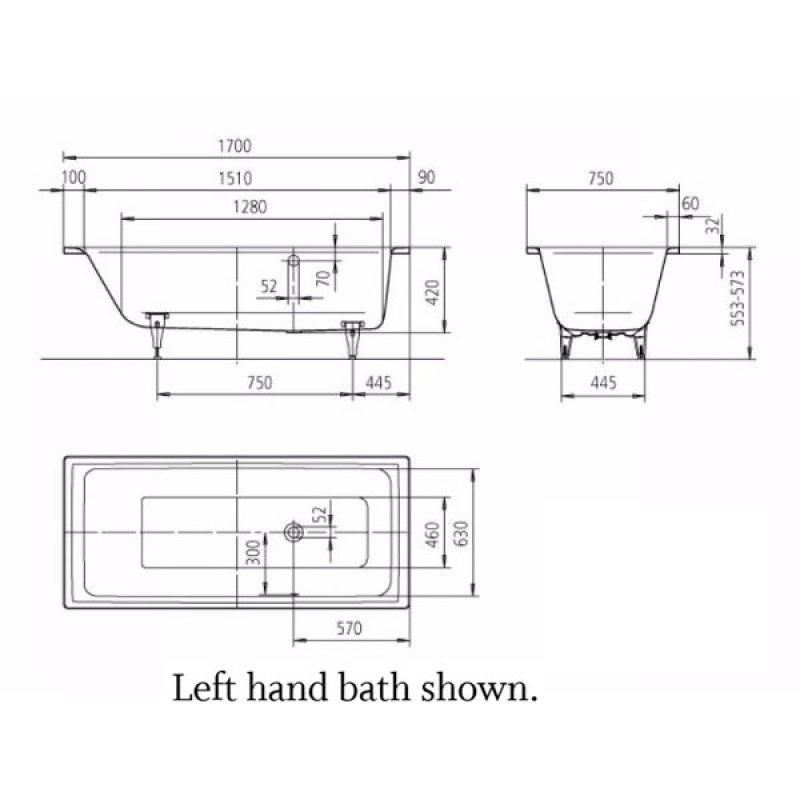 Kaldewei Puro RH Overflow Steel Enamel Bath 1700mm x 750mm 0TH (inc Leg Set)