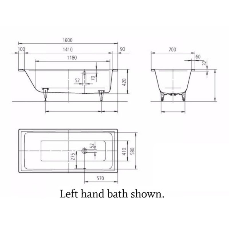 Kaldewei Puro RH Overflow Steel Enamel Bath 1600mm x 700mm 0TH (inc Leg Set)