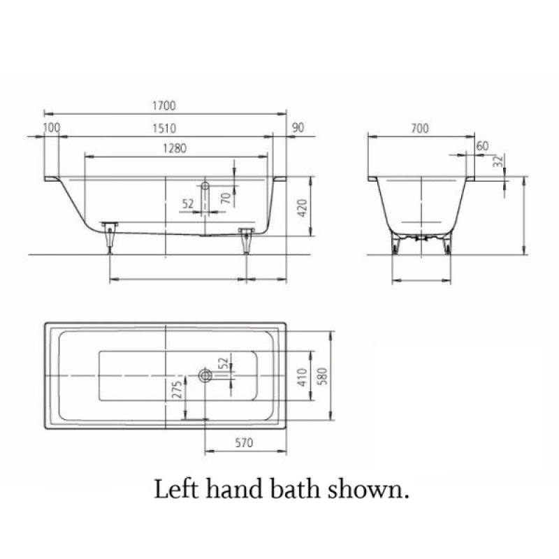 Kaldewei Puro RH Overflow Steel Enamel Bath 1700mm x 700mm 0TH (inc Leg Set)