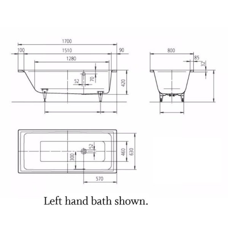 Kaldewei Puro RH Overflow Steel Enamel Bath 1700mm x 800mm 0TH (inc Leg Set)