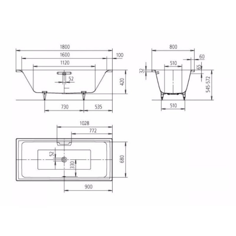 Kaldewei Puro Duo Steel Enamel Bath 1800mm x 800mm 0TH (inc Leg Set)