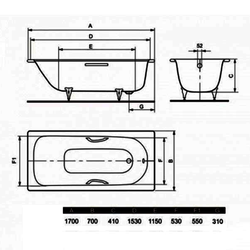 Kaldewei Saniform Plus Anti-Slip Rectangular Steel Bath 1700mm x 700mm 2 Tap Hole