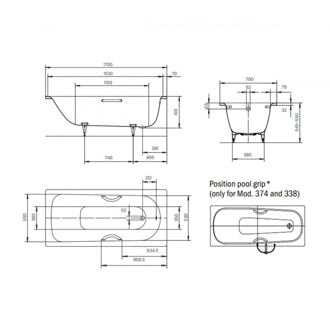 Kaldewei Saniform Plus Anti-Slip Rectangular Steel Bath with Grip Holes - 1700mm x 700mm - 2TH