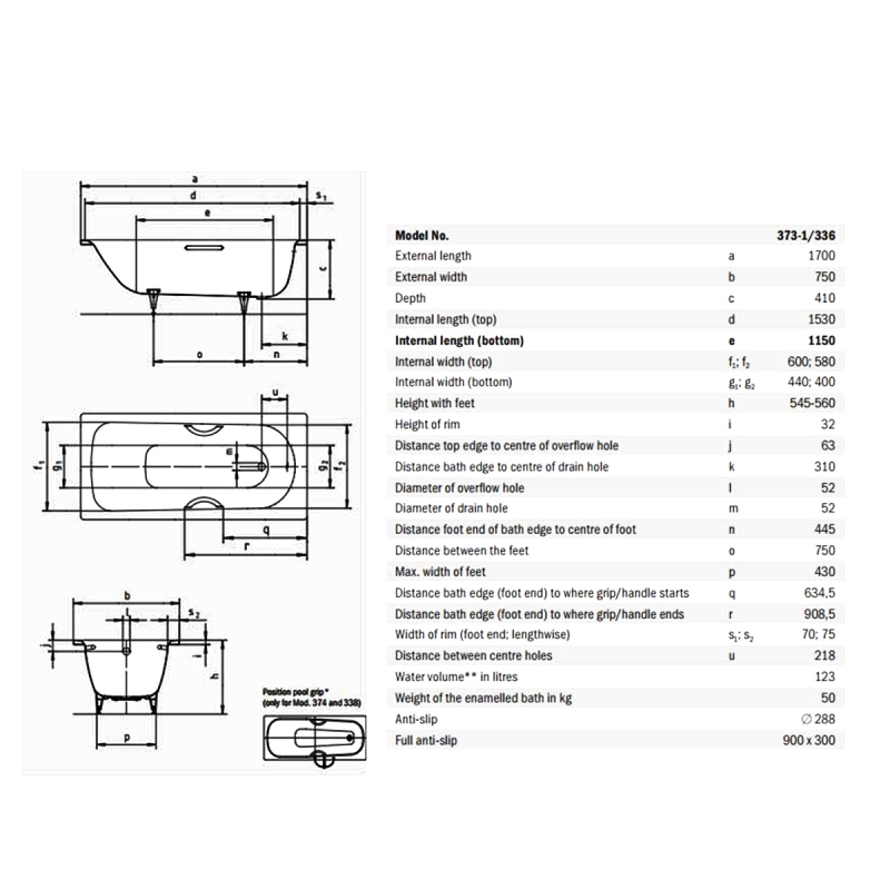 Kaldewei Saniform Plus Rectangular Anti-Slip Steel Bath 1700mm x 750mm - 2 Tap Hole