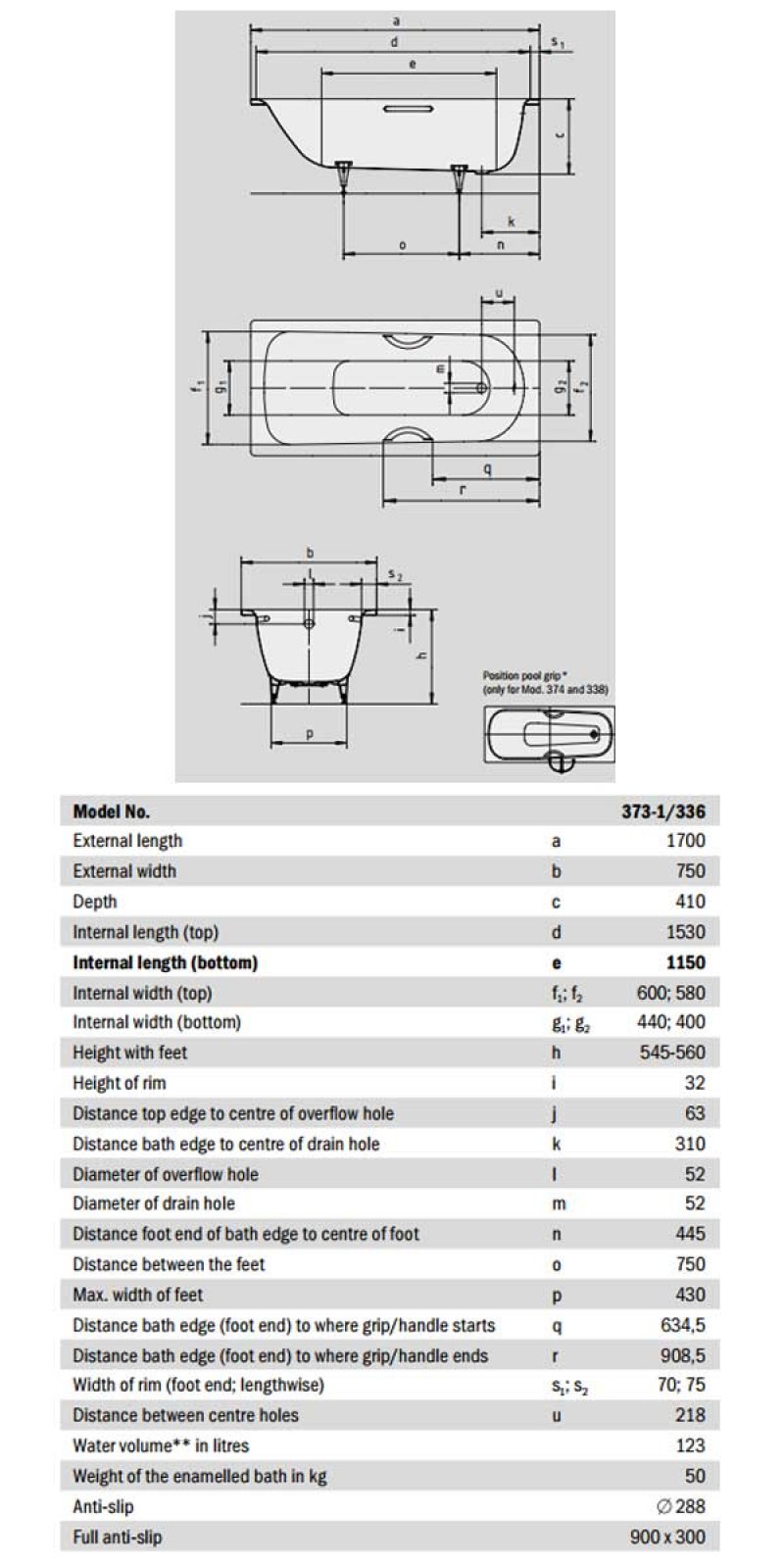 Kaldewei Saniform Plus AntiSlip Rectangular Bath 112625000001 1700mm x 750mm Steel