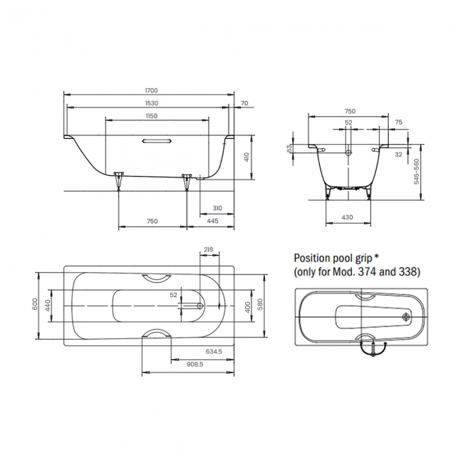 Kaldewei Saniform Plus Anti-Slip Rectangular Steel Bath with Grip Holes - 1700mm x 750mm - 2TH
