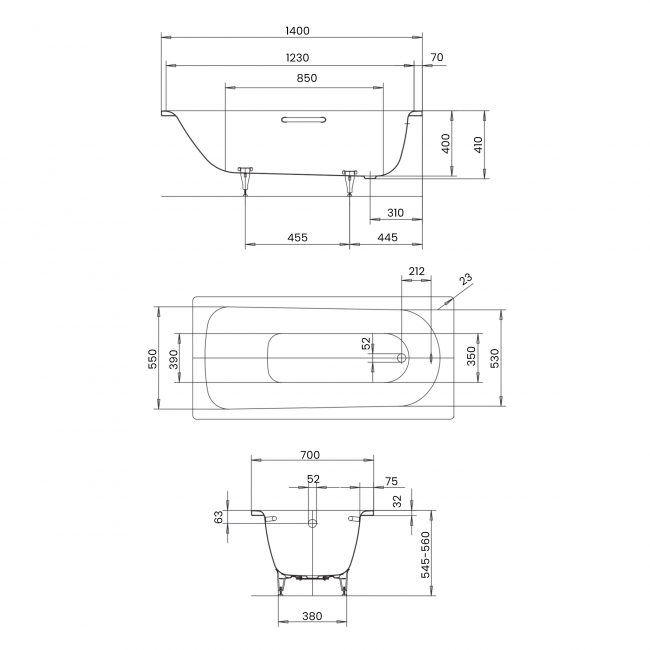 Kaldewei Saniform Plus Steel Enamel Bath 1400mm x 700mm 0TH (inc Leg Set)