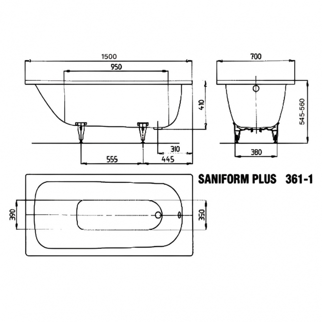 Kaldewei Saniform Plus Steel Enamel Bath 1500mm x 700mm 0TH (inc Leg Set)