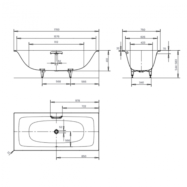 Kaldewei Silenio Steel Enamel Bath 1700mm x 750mm 0TH (inc Leg Set)