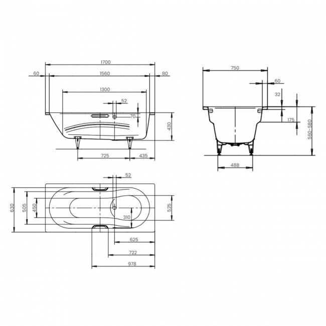 Kaldewei Vaio Set LH Overflow Steel Enamel Bath 1700mm x 750mm 0TH (inc Leg Set)