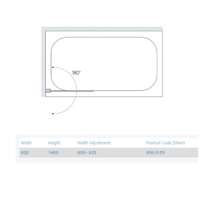 Signature Classic Curved Single Panel Hinged Bath Screen 1400mm H x 800mm W - 8mm Glass