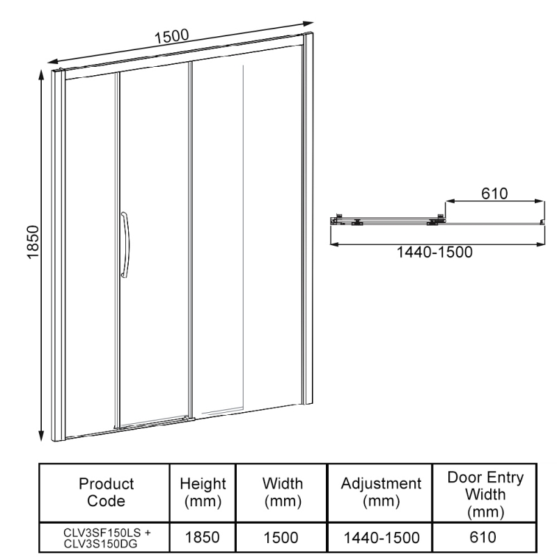 Lakes Classic Low Threshold Sliding Shower Door 1500mm Wide LH - 8mm Glass  | Dimension Image