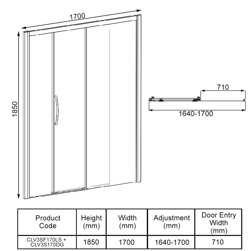 Lakes Classic Low Threshold Sliding Shower Door 1700mm Wide LH - 8mm Glass