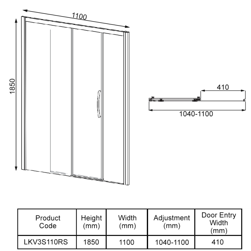Lakes Classic Low Threshold Sliding Shower Door 1100mm Wide RH - 8mm Glass