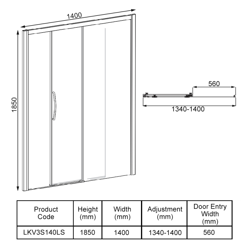 Lakes Classic Low Threshold Sliding Shower Door 1400mm Wide LH - 8mm Glass  | Dimension Image