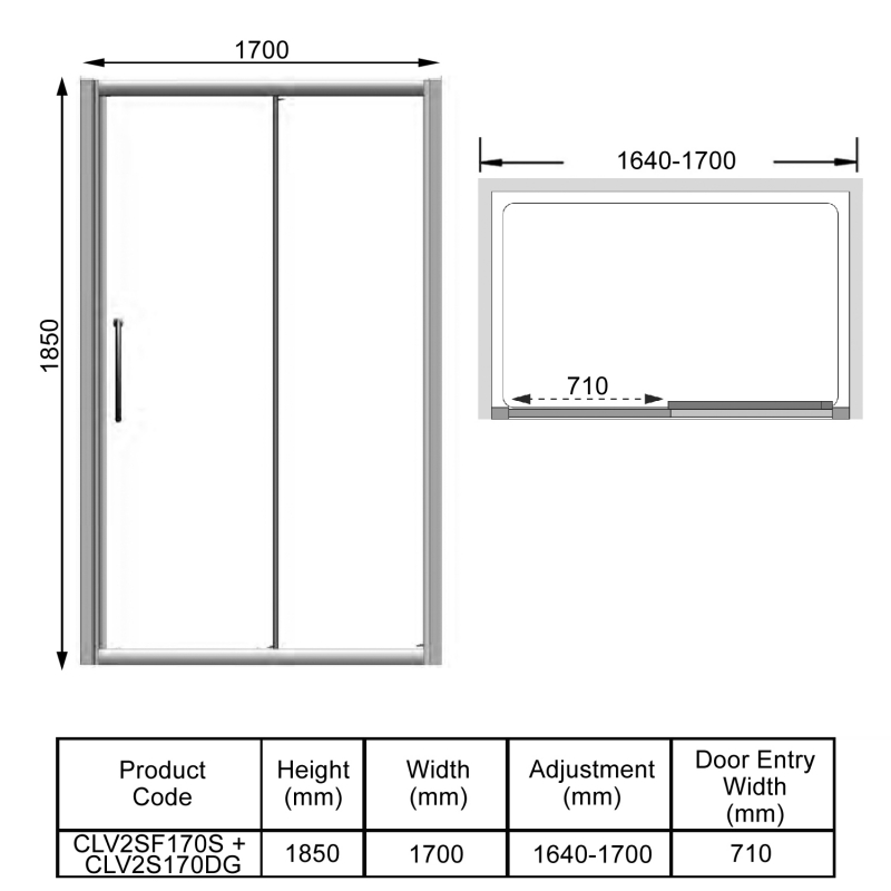 Lakes Classic Semi-Framed Sliding Shower Door 1700mm Wide - 6mm Glass