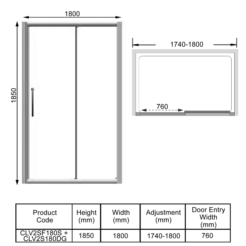 Lakes Classic Semi-Framed Sliding Shower Door 1800mm Wide - 6mm Glass  | Dimension Image