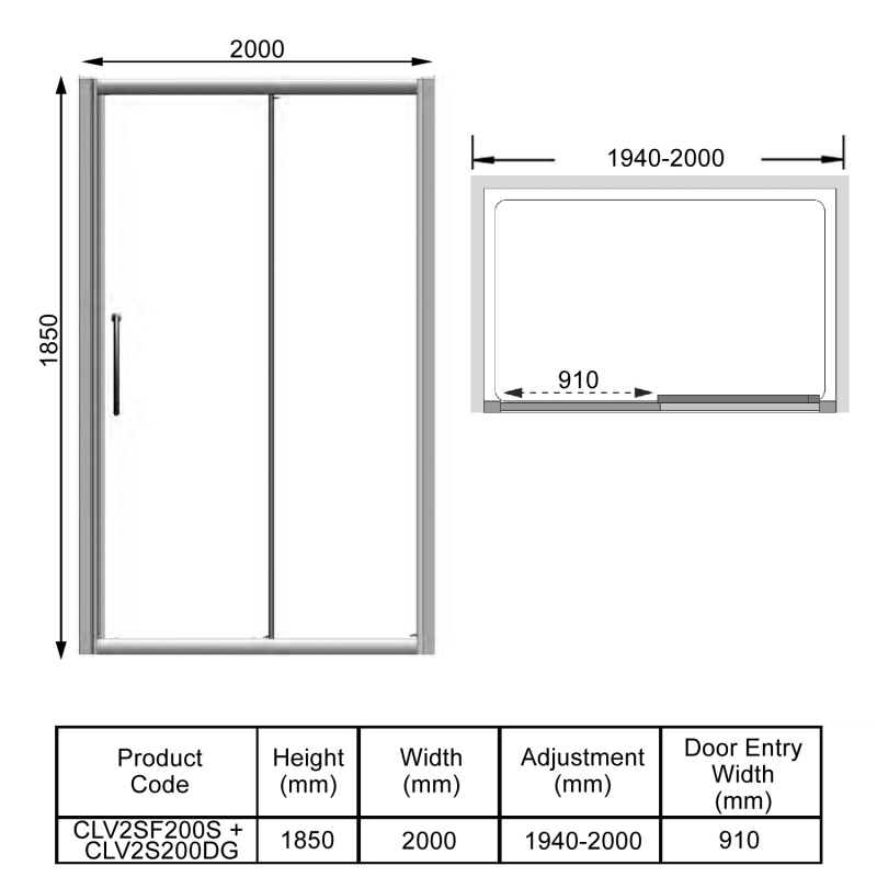 Lakes Classic Semi-Framed Sliding Shower Door 2000mm Wide - 6mm Glass  | Dimension Image