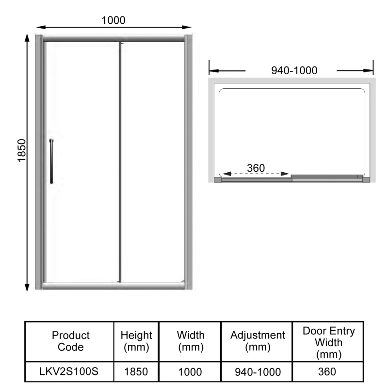Lakes Classic Semi-Framed Sliding Shower Door 1000mm Wide - 6mm Glass  | Dimension Image