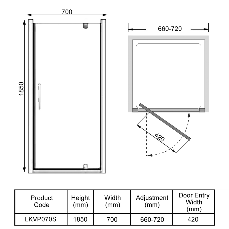 Lakes Classic Semi-Framed Pivot Shower Door 700mm Wide - 6mm Glass  | Dimension Image
