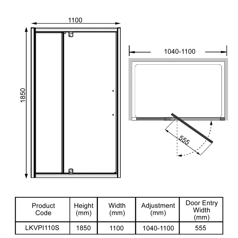 Lakes Classic Inline Pivot Shower Door 1100mm Wide - 6mm Glass