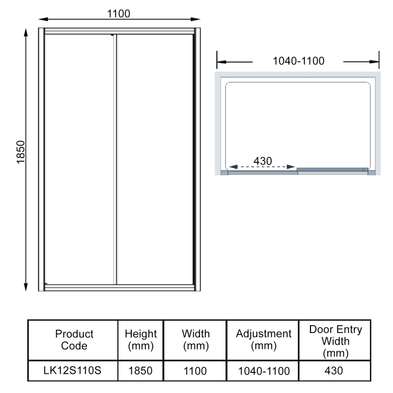 Lakes Classic Framed Sliding Shower Door 1100mm Wide - 6mm Glass