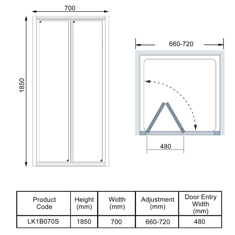 Lakes Classic Framed Bi-Fold Shower Door 700mm Wide- 6mm Glass