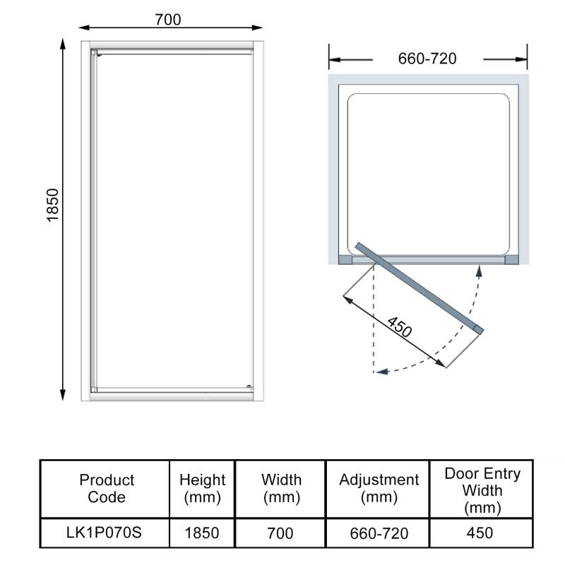 Lakes Classic Framed Pivot Shower Door 700mm Wide - 6mm Glass  | Dimension Image