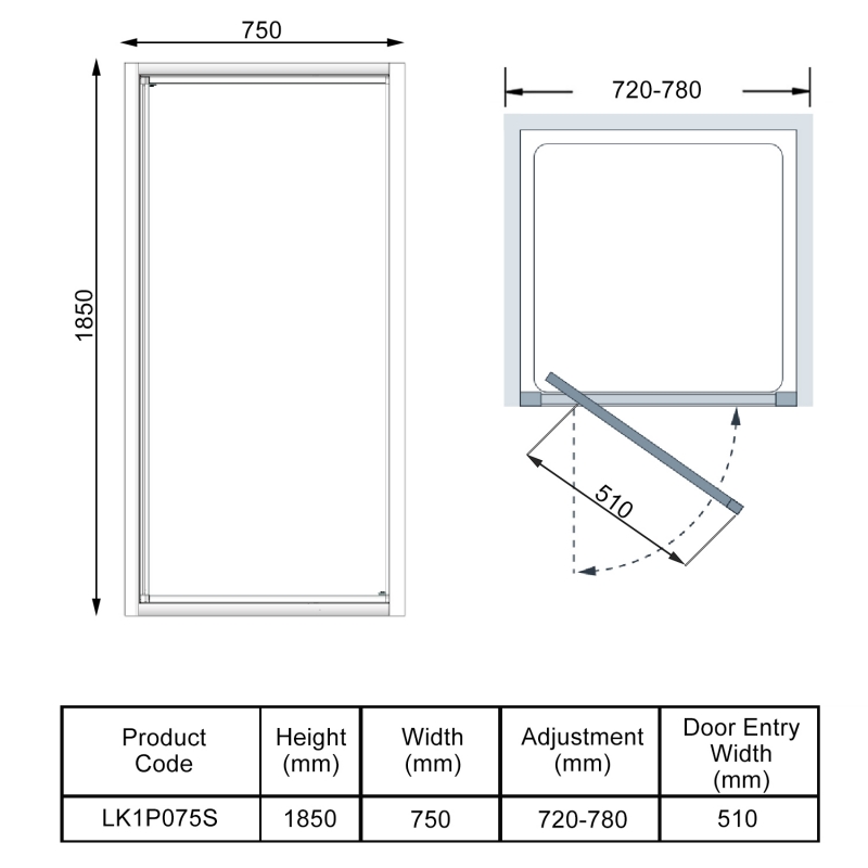 Lakes Classic Framed Pivot Shower Door 750mm Wide - 6mm Glass