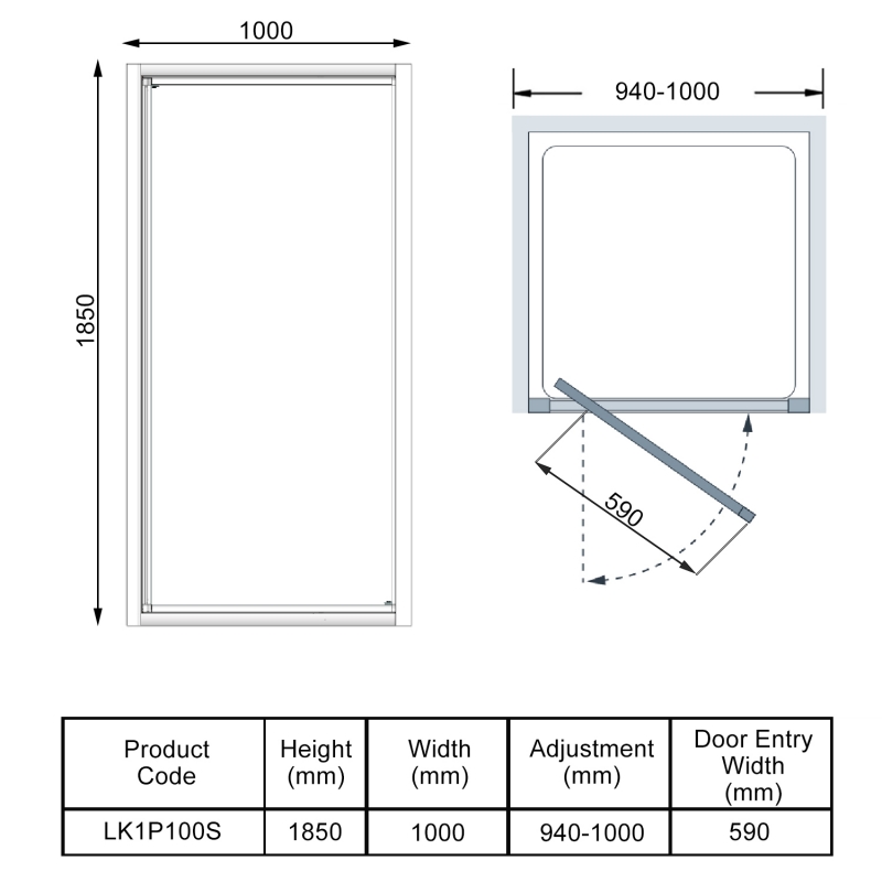 Lakes Classic Framed Pivot Shower Door 1000mm Wide - 6mm Glass  | Dimension Image