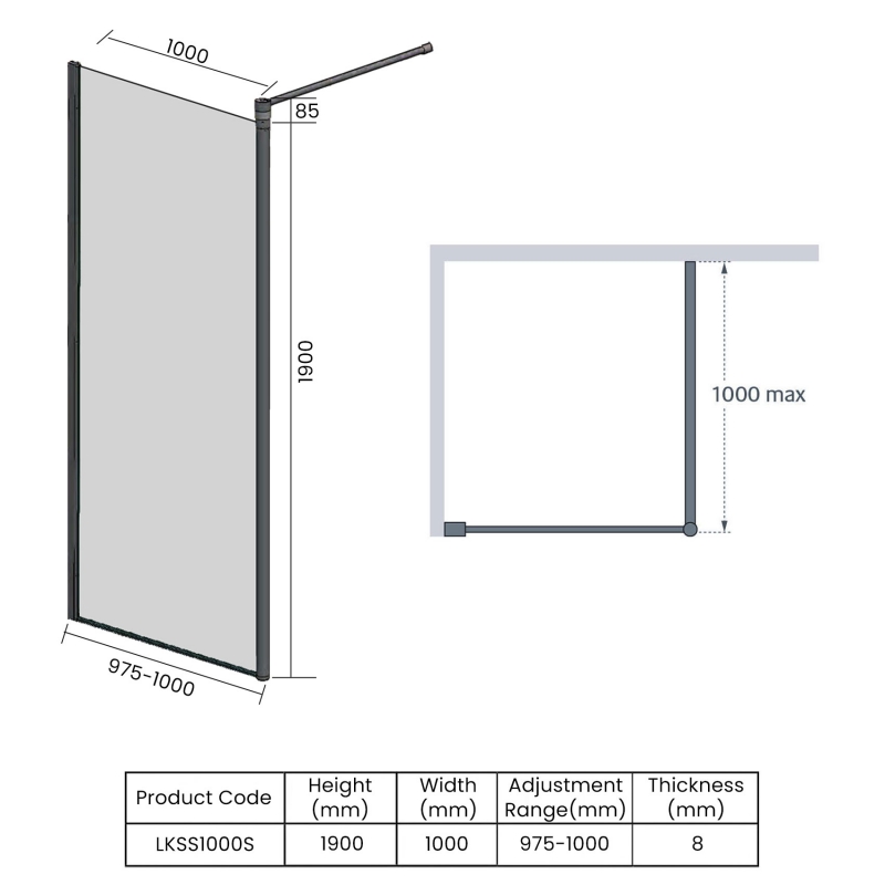 Lakes Classic Walk-In Shower Panel 1000mm Wide - 8mm Glass