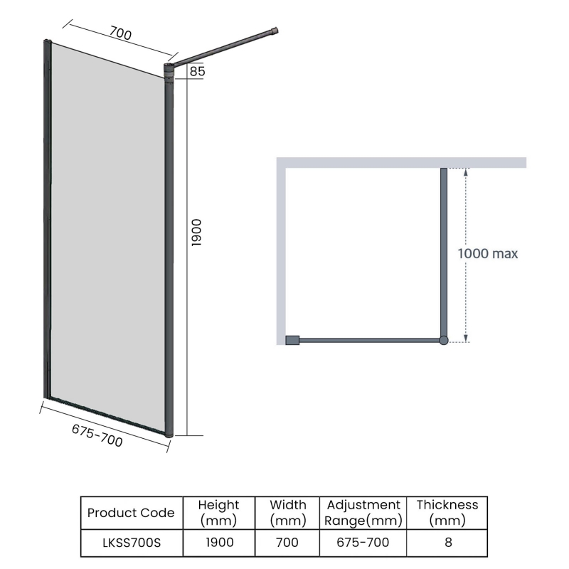 Lakes Classic Walk-In Shower Panel 700mm Wide - 8mm Glass