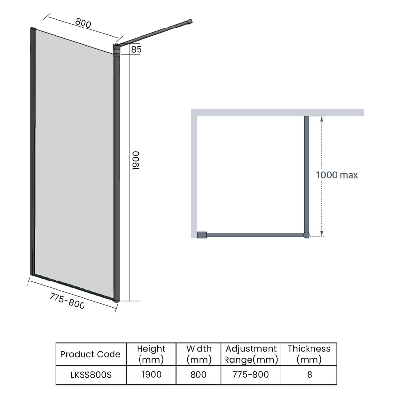 Lakes Classic Walk-In Shower Panel 800mm Wide - 8mm Glass