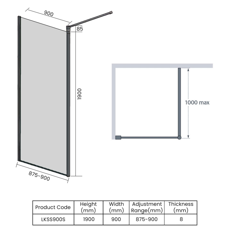 Lakes Classic Walk-In Shower Panel 900mm Wide - 8mm Glass