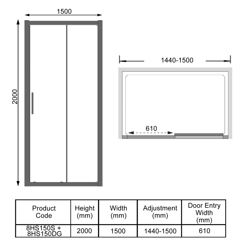 Lakes Coastline Sliding Shower Door 1500mm 8HS150S + 8HS150DG