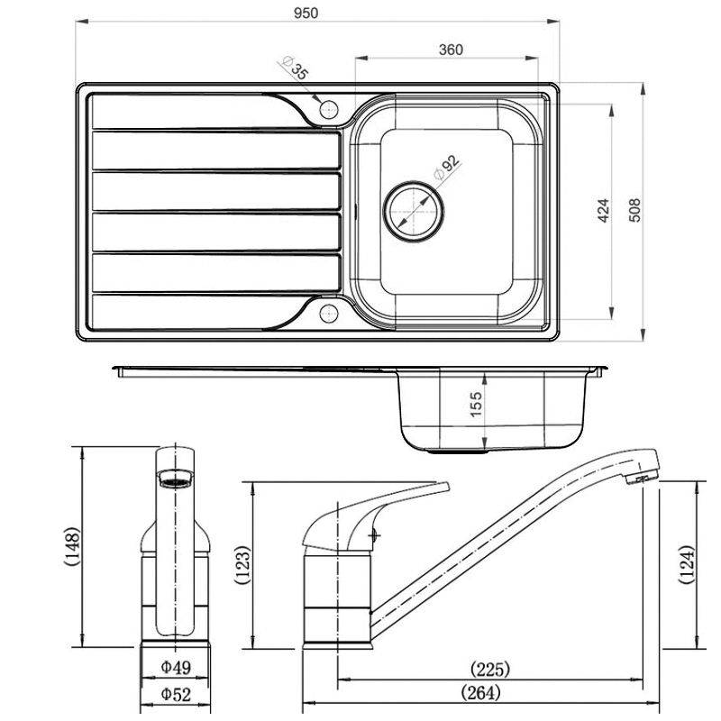 Leisure Albion 1.0 Bowl Stainless Steel Kitchen Sink with Aquamono 40 Tap & Waste Kit 950mm L x 508mm W - Satin